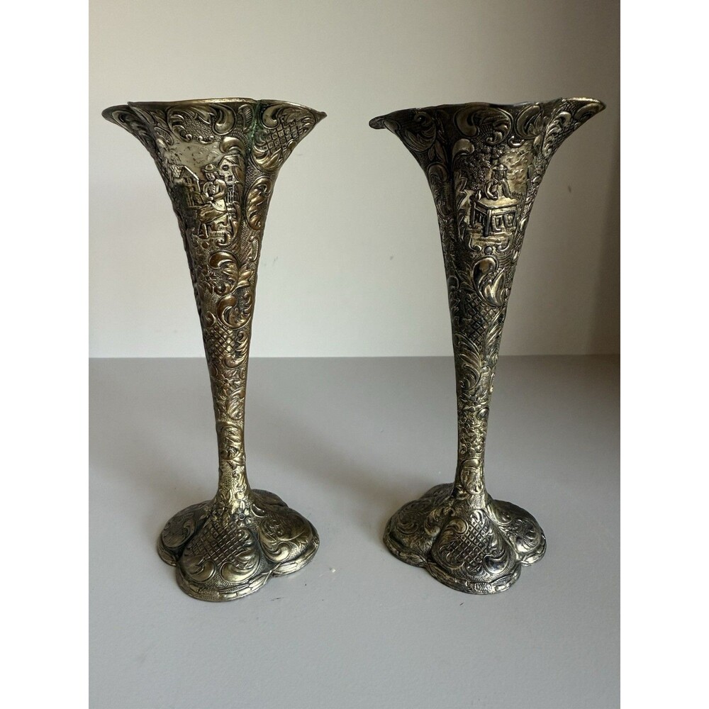 Set 2 pc Vintage Trumpet Flower Vases 6” Ropousse Style